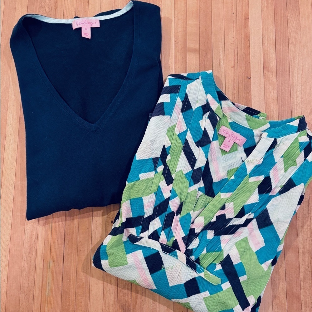 BUNDLE (2) Lilly Pulitzer V-Neck Colorful Blouse and Navy Sweater